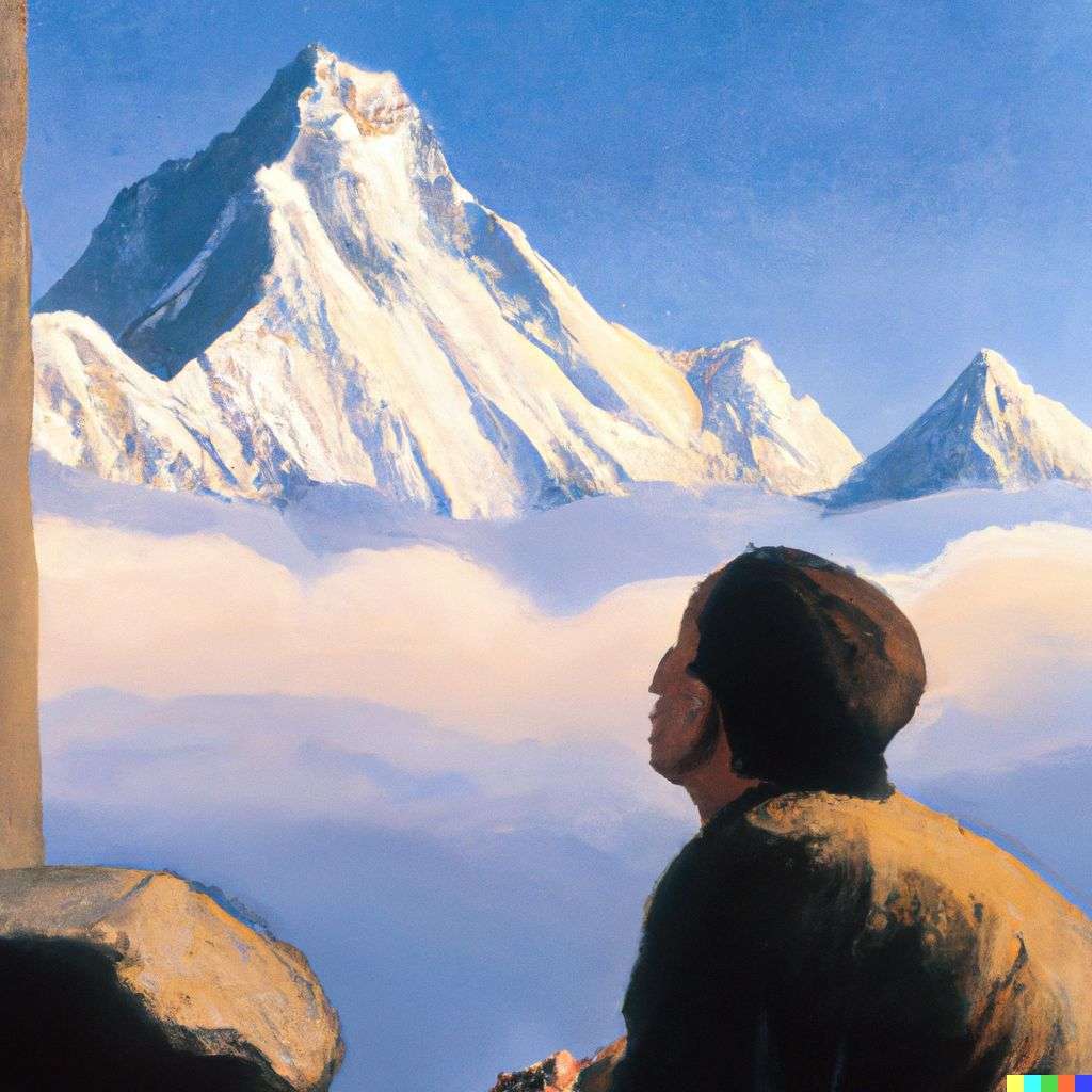 someone gazing at Mount Everest, painting by Johannes Vermeer